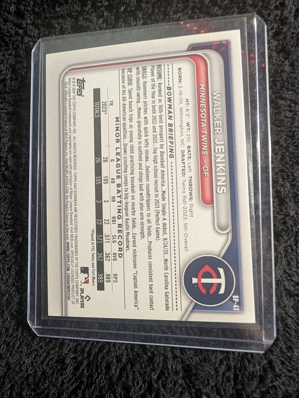 Walker Jenkins- 2024 Bowman - Prospects #BP-43 Neon Green /399 (RC)